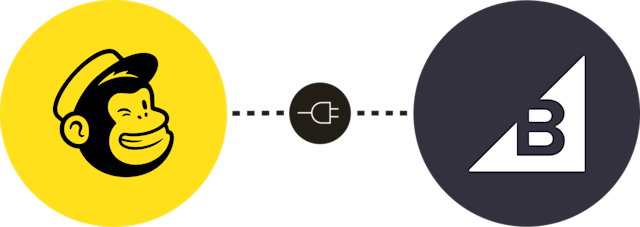 Mailchimp logo on the left and BigCommerce logo on the right, connected by a plug icon to illustrate easy platform integration.