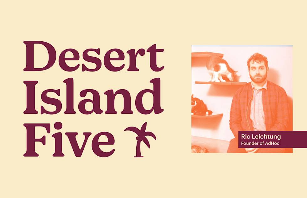 Desert Island Five title in burgundy text with palm tree icon, alongside orange-tinted photo of AdHoc founder against cream background