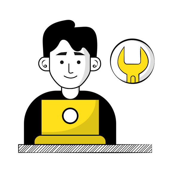 VMC - Simple cartoon illustration of a smiling person wearing a black shirt, with a wrench symbol floating nearby