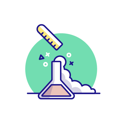 Cartoon illustration of a chemistry flask with bubbling liquid and a floating ruler, set against a mint green circle background