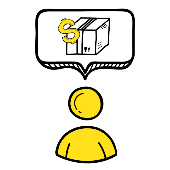 Graphic of a person and a speech bubble with a package and dollar sign inside