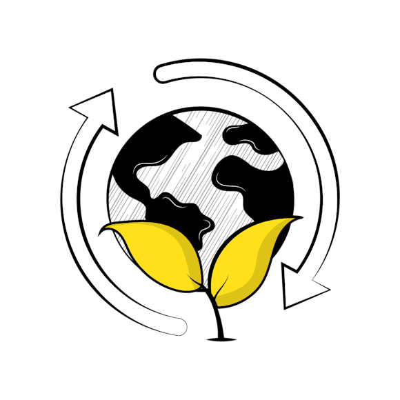 Stylized globe icon with yellow plant leaves at base, surrounded by circular recycling arrows in black and white design
