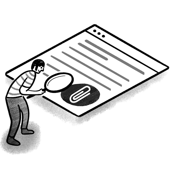 Person with a magnifying glass looking at an email attachment