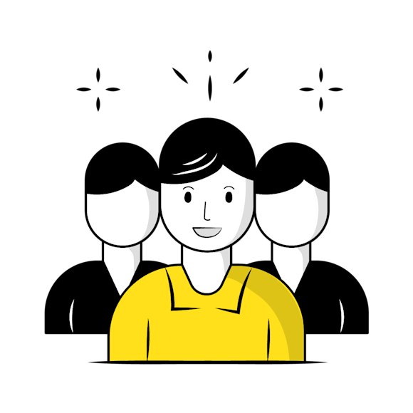 minimum viable product - Simple line drawing of three smiling figures standing together, with the middle person wearing a yellow shirt and sparkles above them
