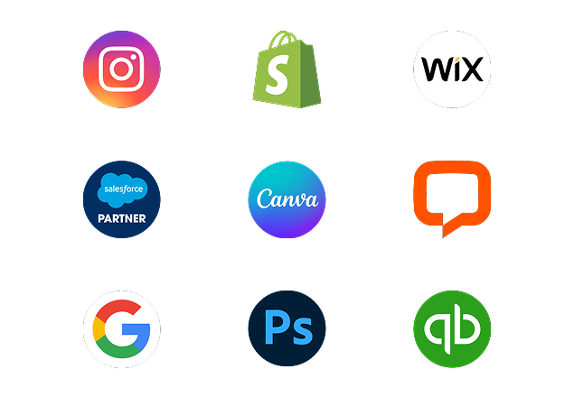 Collection of popular tech company logos including Instagram, Shopify, Wix, Salesforce, Canva, Google, Photoshop and QuickBooks arranged in rows