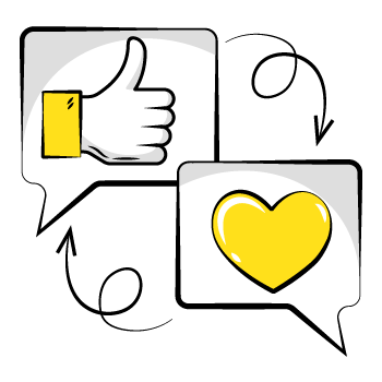 build an email list - line drawings of a thumbs up icon and a heart symbol 
