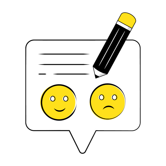 Gathering feedback and making adjustments for your explainer videos concept - Speech bubble with text lines, pencil, and two emoji faces - one happy and one sad