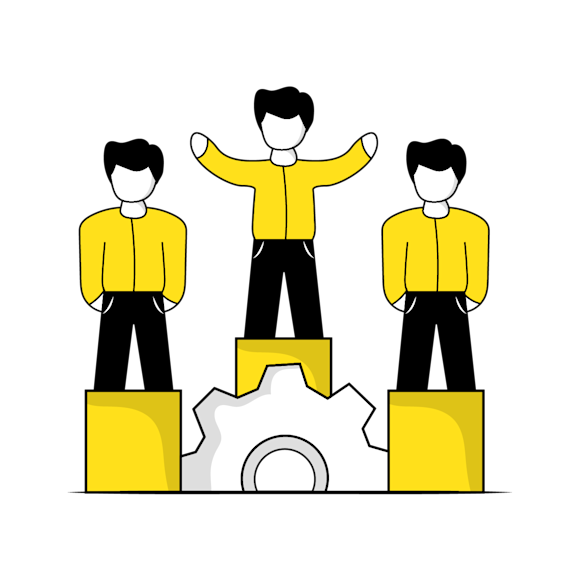 business blog - Three stick figures wearing yellow shirts and black pants stand on yellow podiums, with the center figure raising their arms in victory