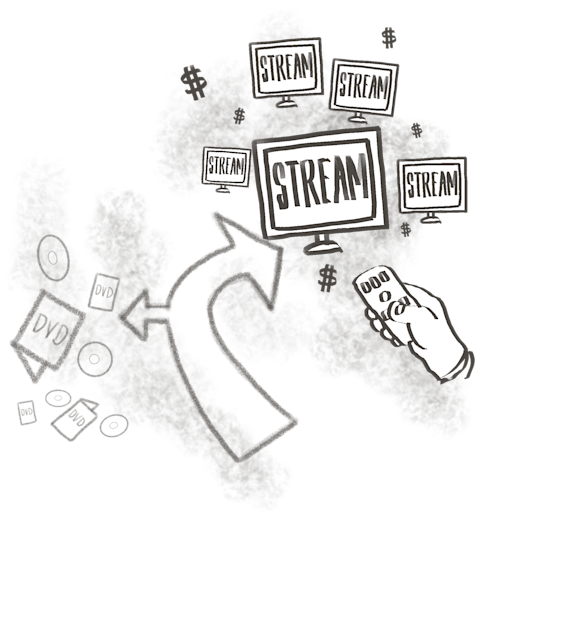 Arrow pointing towards streaming services from dvds