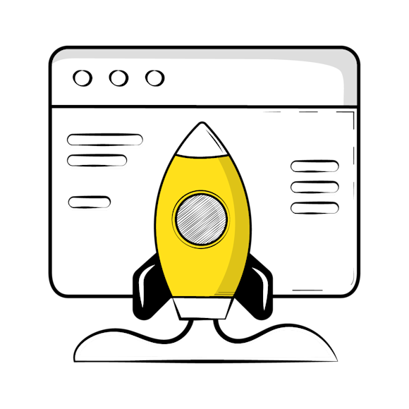 PPC and SEO - Simple line drawing of a yellow rocket ship next to an interface