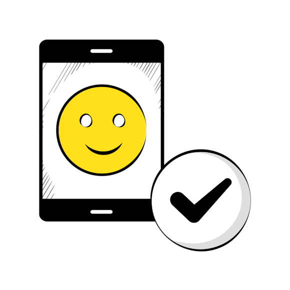 terms of us accessibility - A smartphone screen displaying a yellow smiley face emoji with a checkmark icon beside it