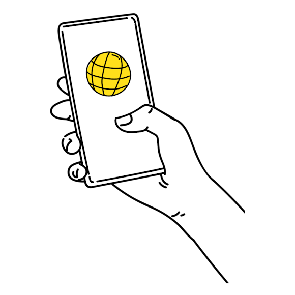 Graphic of someone holding a phone with a globe on the screen
