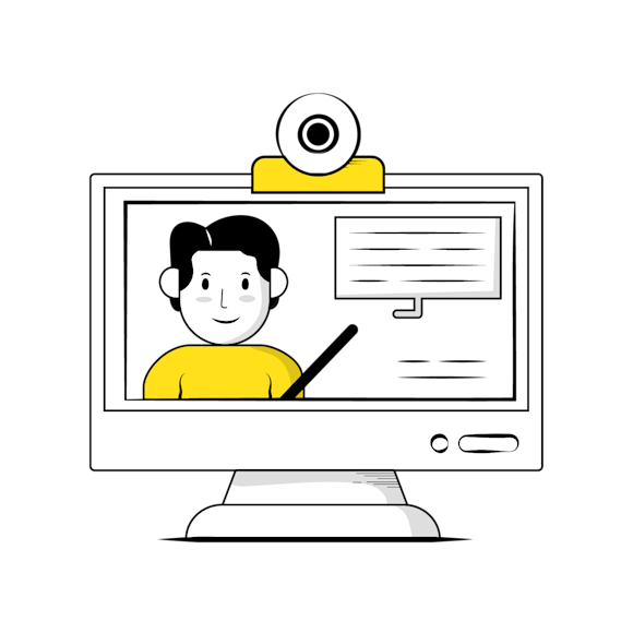 Benefits of hosting a webinar concept - Illustration of a computer monitor showing a video call interface with a cartoon figure in a yellow shirt and a webcam mounted on top
