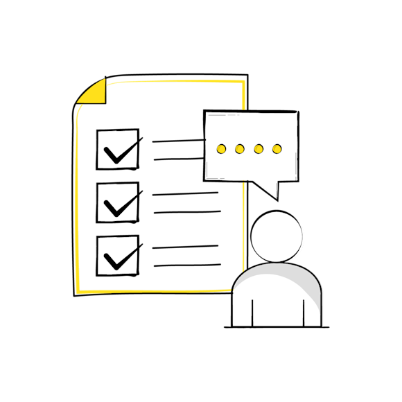 Graphic of a person with a speech bubble and a checklist