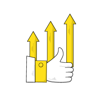regular content audits - Simple line drawings of yellow arrows pointing upward, arranged in a horizontal sequence 