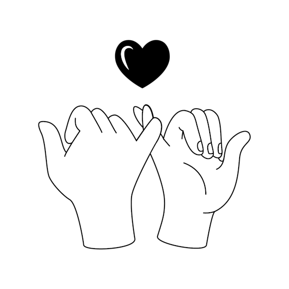 brand promise - Simple line drawing of two hands making a pinky promise gesture, with a black heart symbol floating above them