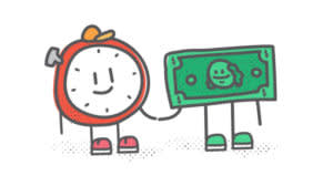 Hand-drawn cartoon illustration of a smiling clock character and dollar bill character holding hands together