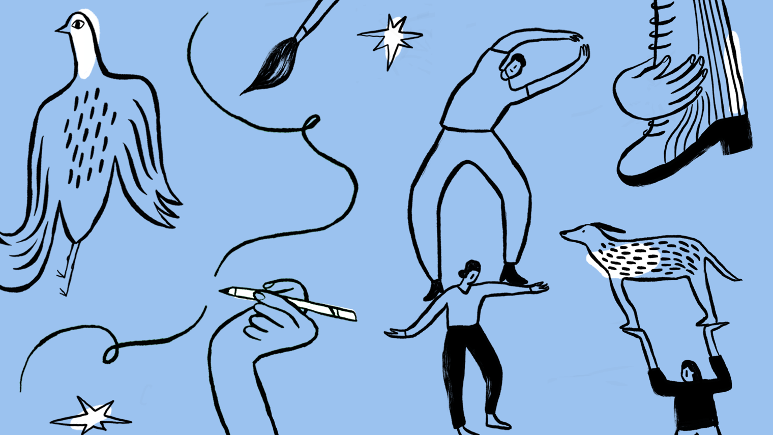 Illustration of a bird flying, a hand drawing, a person standing on someone's shoulders, and an animal being held by someone