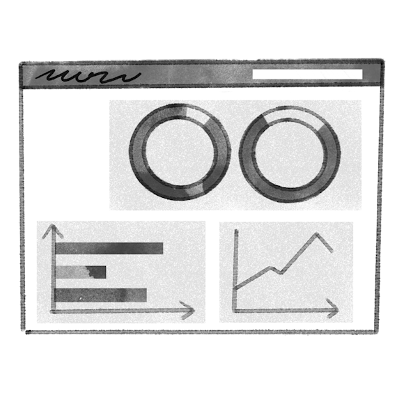 Black and white sketch of analytics dashboard showing two circular gauges and two graphs - a bar chart and line graph