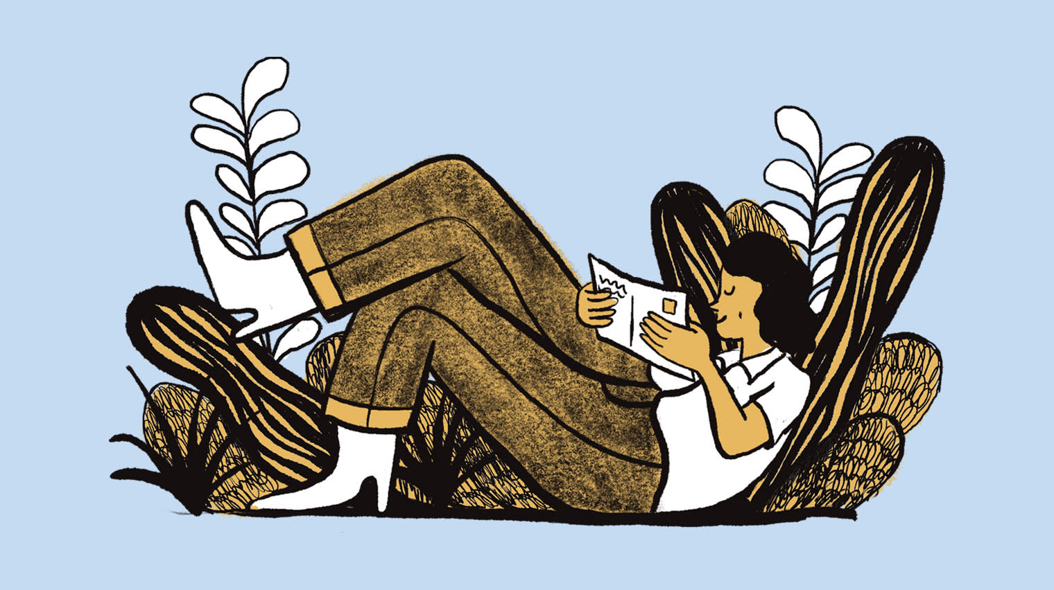 Illustration of a woman reading a postcard