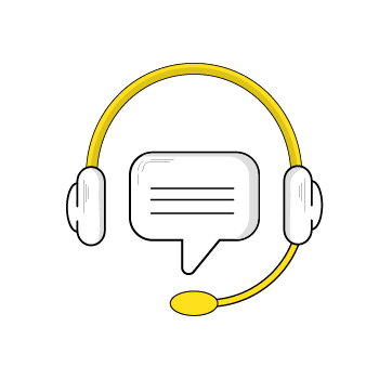 customer support - Yellow and white line drawing of headphones with microphone and speech bubble