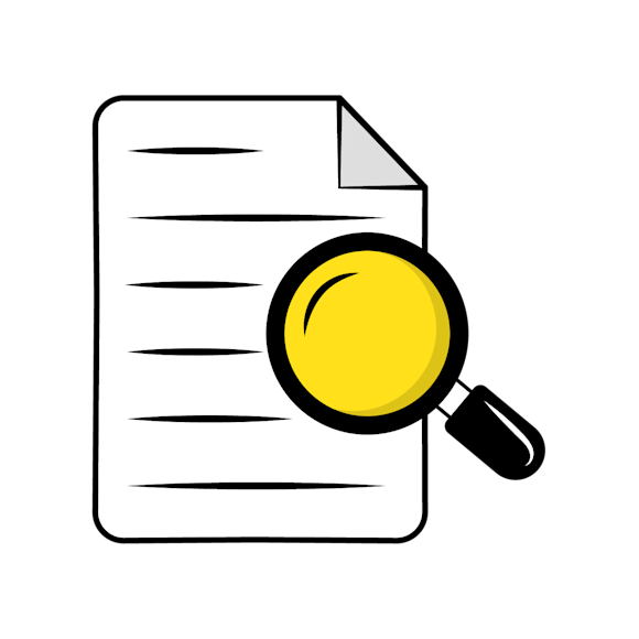 what is bounce rate - A document icon with horizontal lines and a yellow magnifying glass overlaid in the bottom right corner