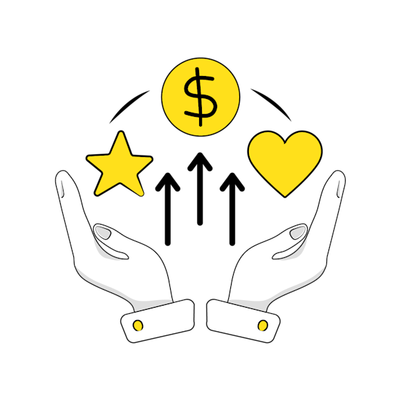 Open hands with upward arrows pointing to yellow icons: a dollar sign, star, and heart, representing growth and value