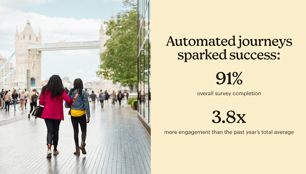 Two women with arms linked walking toward a small crowd gathered at London Bridge