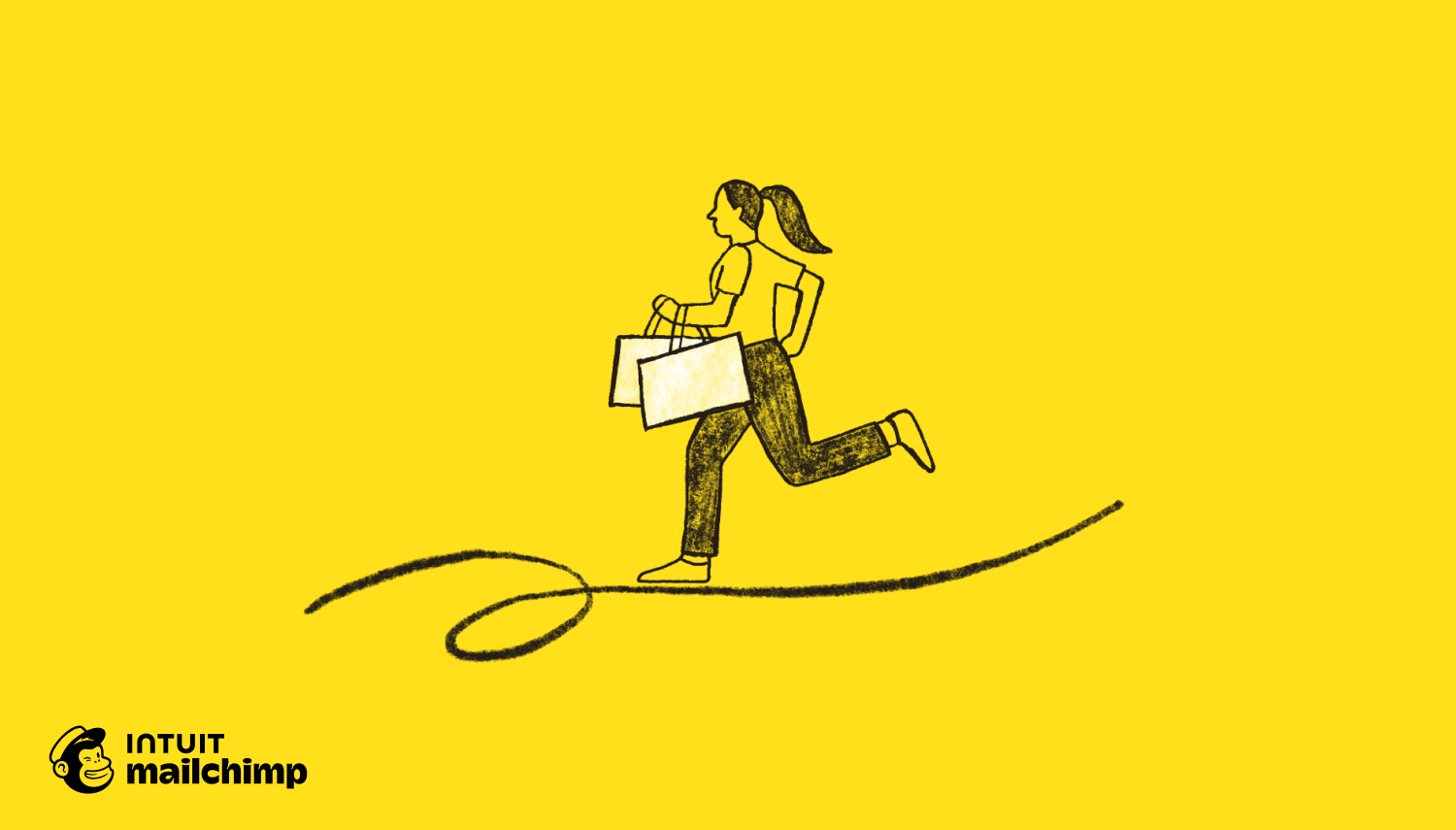 Simple line drawing of a person running with shopping bags on a curved path against a bright yellow background
