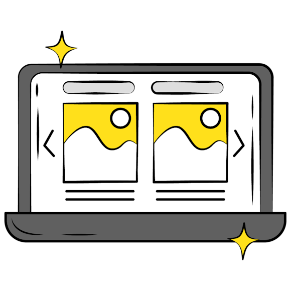 carousel designs - Cartoon laptop displaying two image thumbnails with yellow sun icons and navigation arrows, decorated with sparkle effects in corners