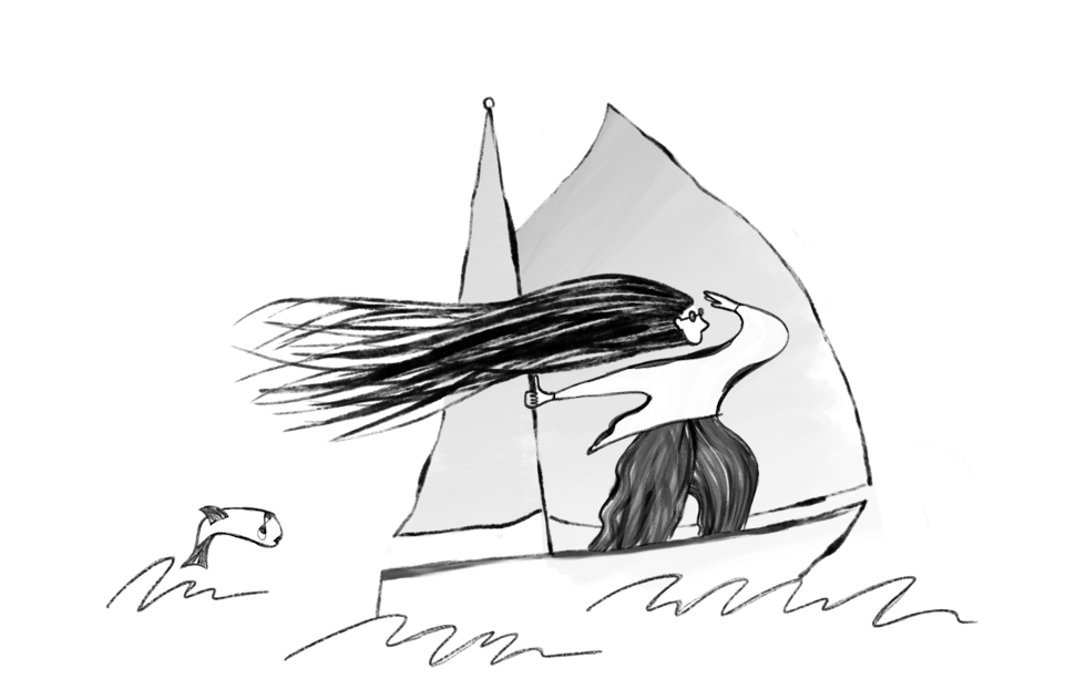 Illustration of woman on sailboat.