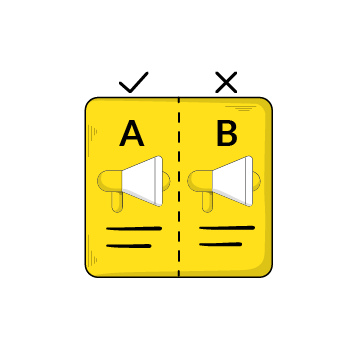 know your target audience - Yellow interface showing a megaphone, checkmark, x mark, with A/B options 