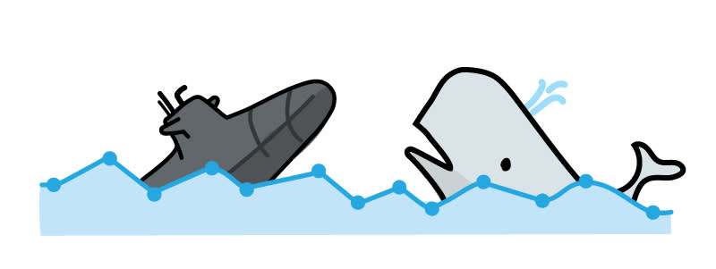 A cartoon submarine and whale swim along a blue line graph, with the whale appearing to follow the submarine's path