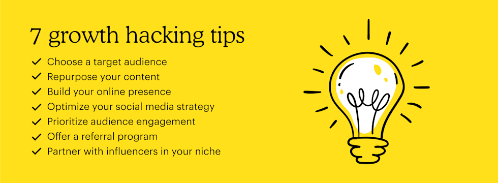 List of growth hack tips that includes: choose a target audience, repurpose your content, build your online presence, offer a referral program, and partner with influencers in your niche.