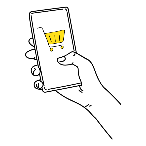 Graphic of a phone with a shopping cart on the screen