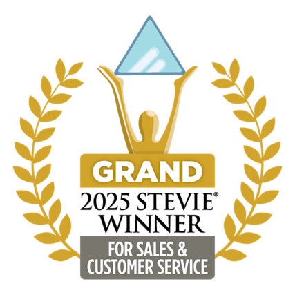 2025 Stevie Winner for Sales & Customer Service logo - Gold laurel wreath surrounding a figure holding a blue diamond with "GRAND" text