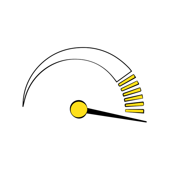 Content scoring helps prioritize high-performing content - Simple gauge meter with black needle pointing right, yellow indicator dots, and curved black outline on white background