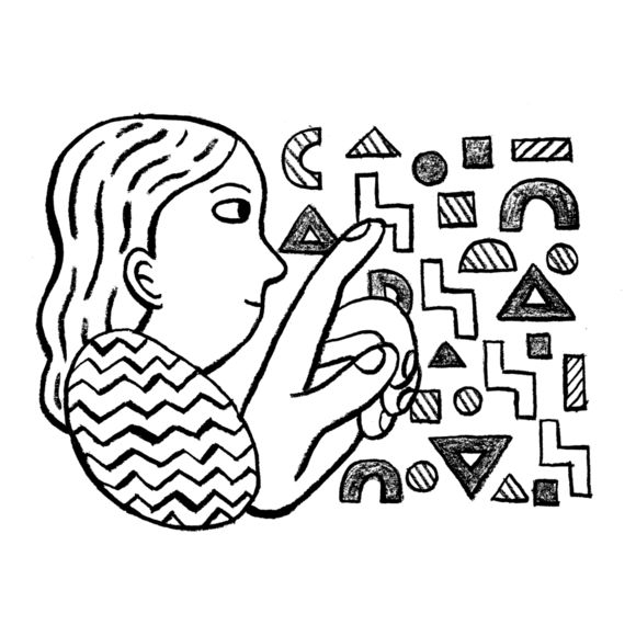 Abstract woman pointing at shapes