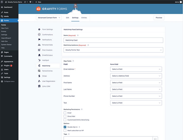 Once you have connected the add-on to your account you’re ready to begin creating a Mailchimp feed which will tell your form when and how it should send submission information to Mailchimp. Easily determine which field(s) you want to send to Mailchimp.