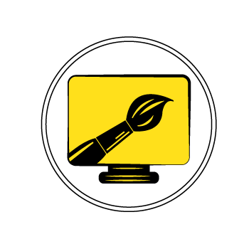 newsletter graphics - A circular icon showing a computer monitor with a black paintbrush symbol on a yellow background
