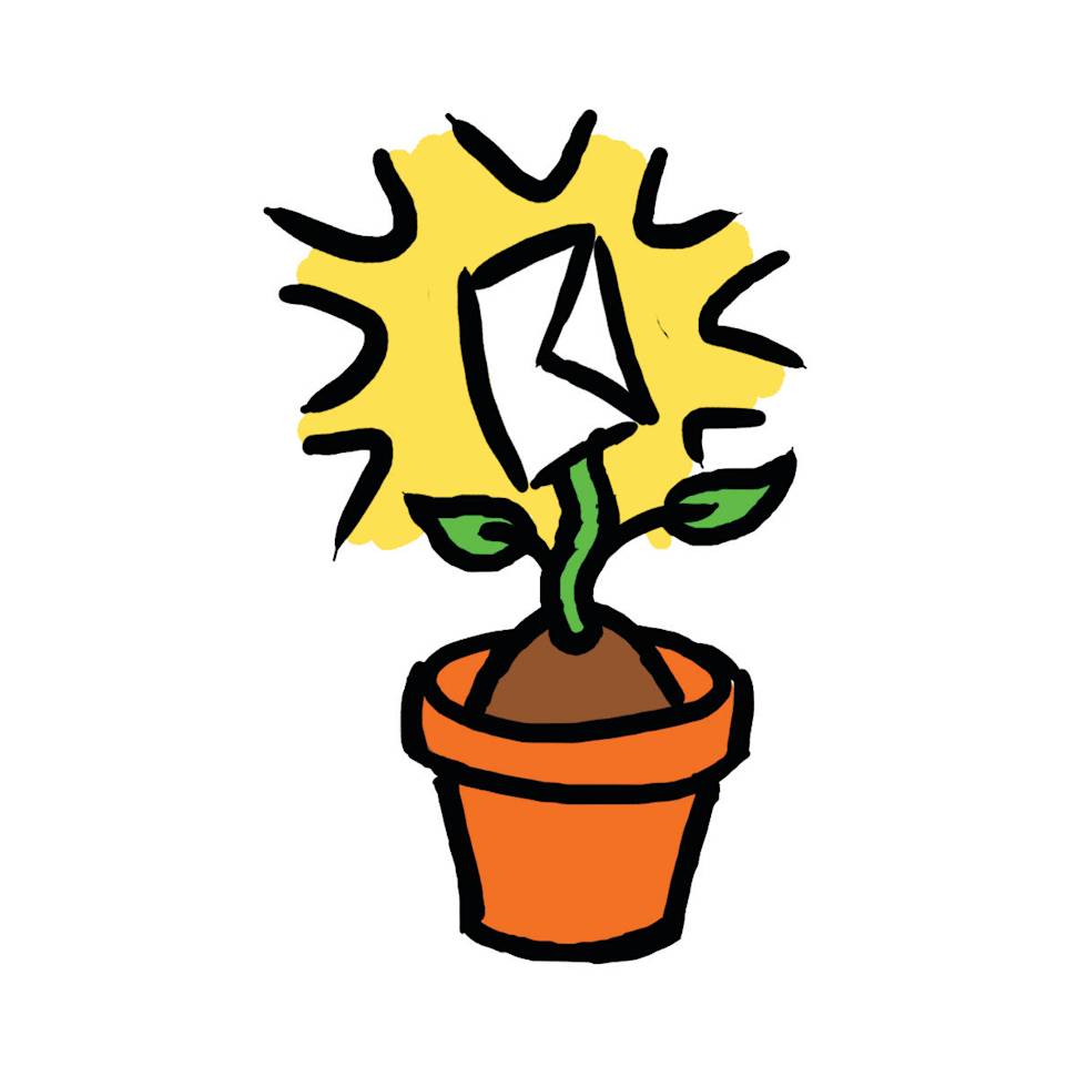 Simple illustration of a yellow chrysanthemum flower in an orange clay pot with black outlines in a sketchy style