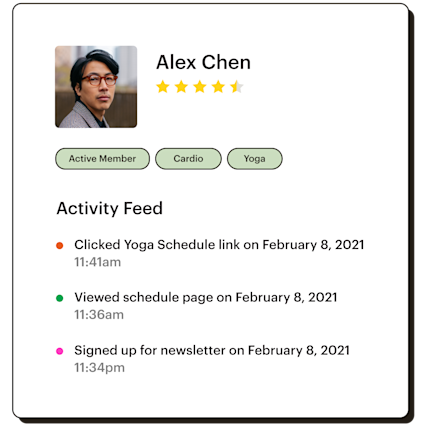 View of user profile with tags and activity feed.