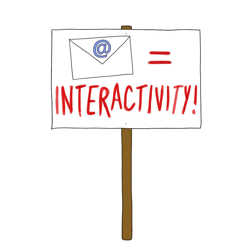 A sign on a wooden post displays "INTERACTIVITY!" in red letters with an email envelope icon featuring a blue @ symbol above