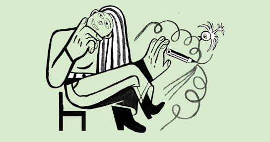 Woman sitting in a chair holding a pencil and thinking. A bird is flying next to the pencil.