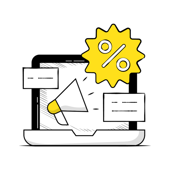 every share counts - line drawing of a laptop with megaphone, text blocks, and a percentage icon 