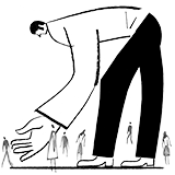 Illustration of a giant human who is bending over looking for smaller people