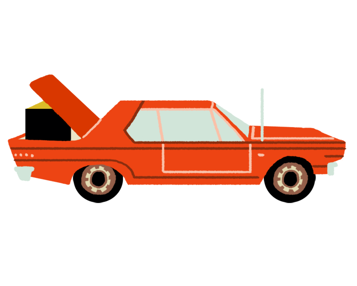 Illustration of a bright red vintage muscle car with an open hood, shown in side profile with simple geometric shapes and clean lines