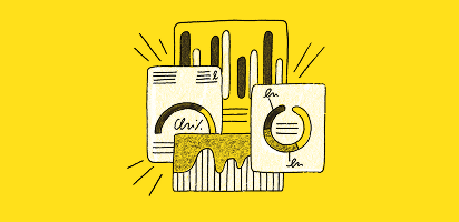 Illustrated icons on bright yellow background showing content creation elements like microphone, documents, and speech bubbles