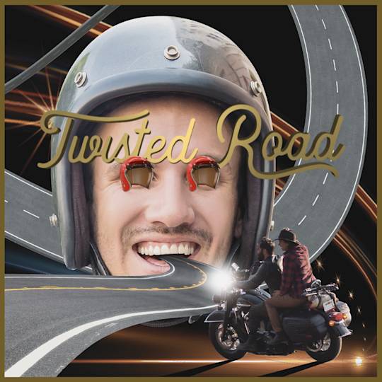 Motorcycle-themed artwork showing a helmeted rider's smile, winding road, and motorcyclist at sunset with "Twisted Road" text overlay