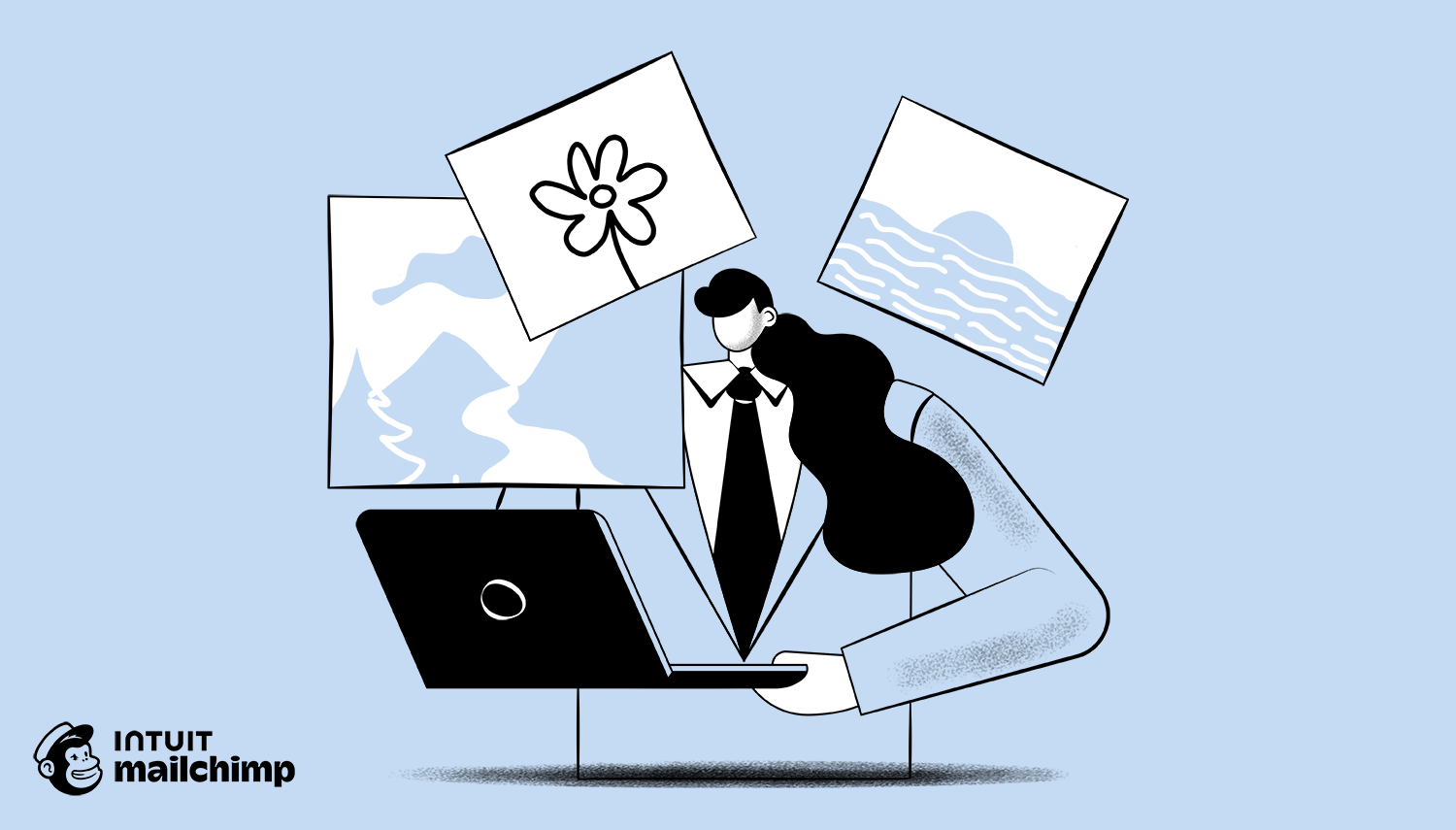Stylized illustration of a person working on laptop with floating images of mountains, flowers, and waves against light blue background